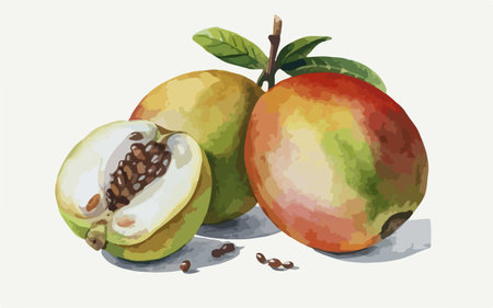 Watercolor illustration of three ripe mangoes with leaves and seeds.のイラスト素材