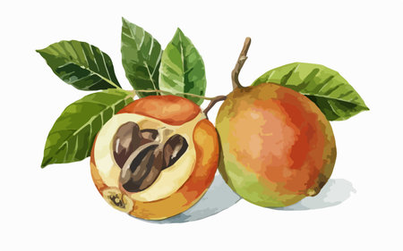 Illustration of a whole and half loquat fruit with leavesのイラスト素材