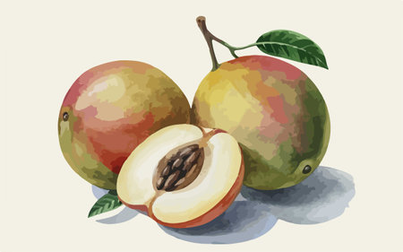 Illustration of a set of whole and half fruits with green leavesのイラスト素材
