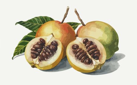 Illustration of a set of guava fruits with leaves and seedsのイラスト素材