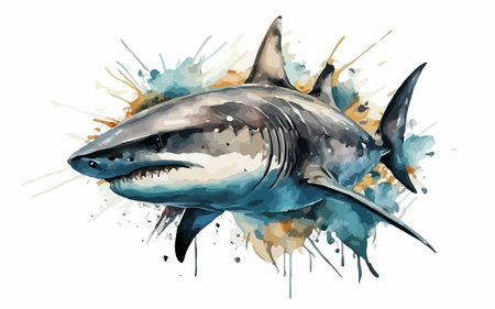 Great white shark vector illustration. Hand drawn watercolor sketch of shark.のイラスト素材