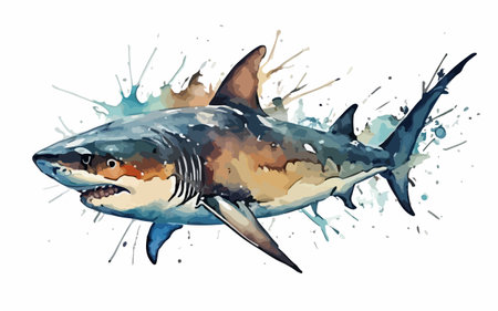 Shark in watercolor splashes. Hand drawn vector illustration.のイラスト素材
