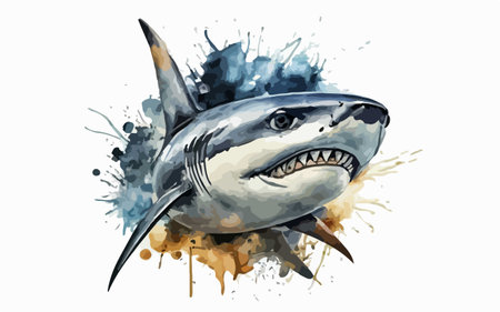 Shark on watercolor splashes. Vector illustration isolated on white backgroundのイラスト素材