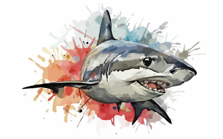 Shark. Vector illustration of a great white shark on a watercolor background.のイラスト素材