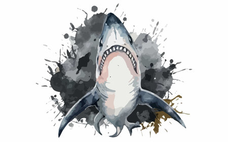 Shark on grunge splashes background. Vector watercolor illustrationのイラスト素材