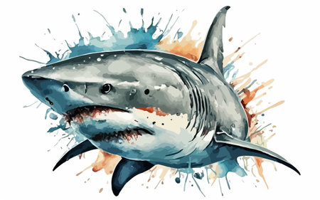Shark in watercolor splashes. Hand drawn vector illustration.のイラスト素材