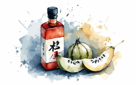 Watercolor illustration of a bottle of ketchup and melons.のイラスト素材
