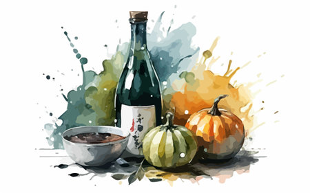 Watercolor painting of bottle of wine and pumpkins. Vector illustration.のイラスト素材