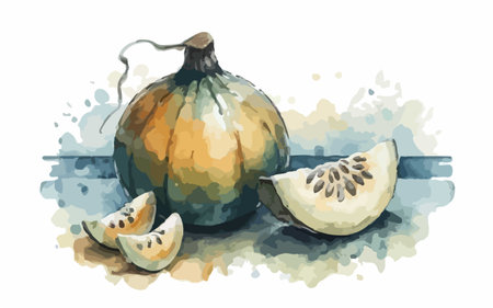 Watercolor illustration of pumpkin and melon on a white background.のイラスト素材
