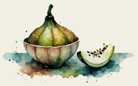 Watercolor illustration of figs in a bowl on a watercolor backgroundのイラスト素材