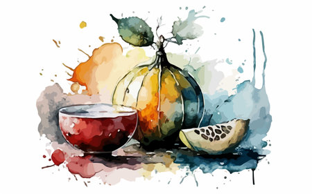 Watercolor illustration of pomegranate fruit and bowl of juiceのイラスト素材