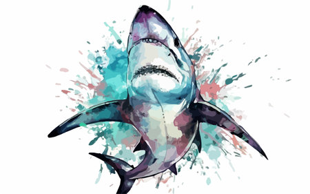 shark in watercolor splashes on white background, vector illustrationのイラスト素材