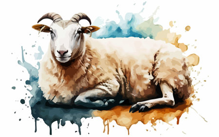 Sheep on a background of watercolor splashes. Vector illustrationのイラスト素材