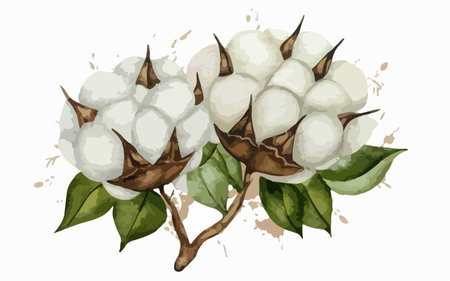 Cotton flowers with leaves on a white background. Vector illustration.のイラスト素材