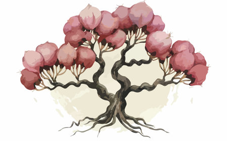 Illustration of a tree with pink flowers on a white background.のイラスト素材