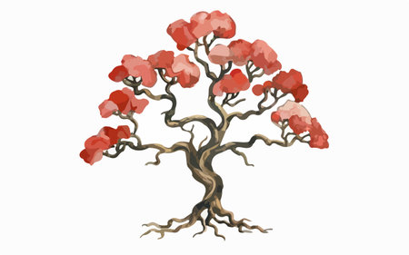 Illustration of a tree with red leaves on a white background.のイラスト素材