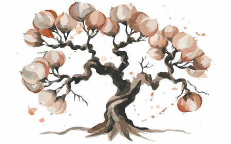 Autumn tree with chestnuts. Watercolor hand drawn illustration.のイラスト素材