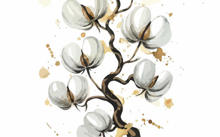 Cotton branch with flowers and leaves. Hand drawn watercolor illustrationのイラスト素材