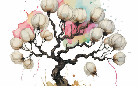 Cotton tree with watercolor splashes. Vector illustration for your designのイラスト素材