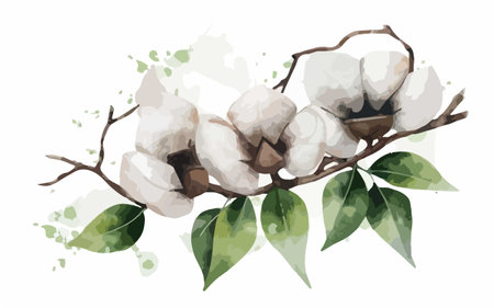 Cotton branch with leaves. Watercolor illustration on white background.のイラスト素材