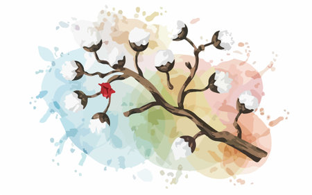 Cotton branch on watercolor splashes background. Vector illustration.のイラスト素材