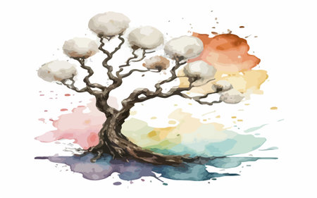 Watercolor tree on watercolor background, hand drawn vector illustration.のイラスト素材