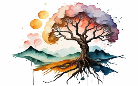 Watercolor illustration of a tree with mountains and sun in the backgroundのイラスト素材