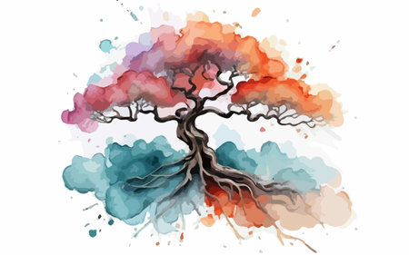 Tree with roots in watercolor style. Hand drawn vector illustration.のイラスト素材