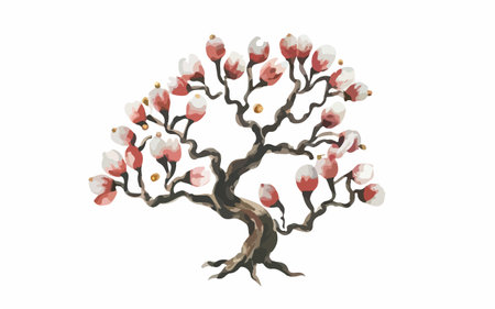 Illustration of a blooming tree with red and white flowers.のイラスト素材