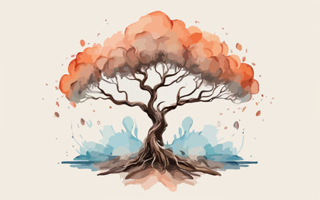 Watercolor tree with watercolor splashes. Hand drawn vector illustration.のイラスト素材