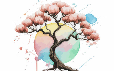 Vector illustration of a tree with pink flowers in the style of watercolorのイラスト素材