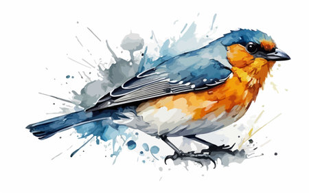 Vector illustration of a robin on watercolor splashes background.のイラスト素材