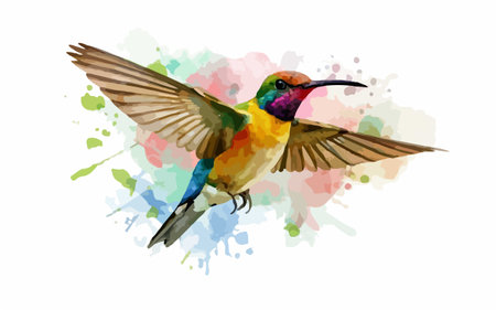 Hummingbird with colorful watercolor splashes. Vector illustration.のイラスト素材