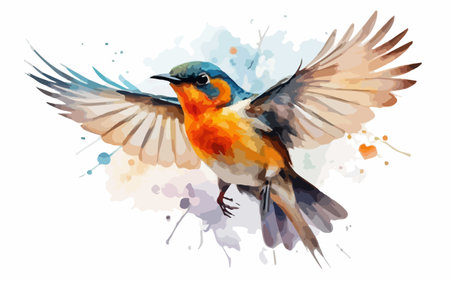Colorful watercolor illustration of a beautiful bird with wings spread.のイラスト素材