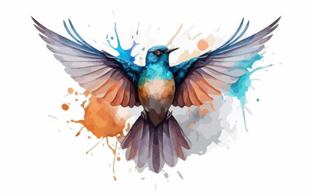 Watercolor illustration of a swallow with colorful splashes on a white backgroundのイラスト素材