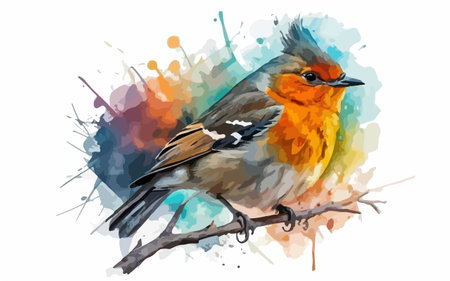 Watercolor illustration of a robin on a branch with watercolor splashesのイラスト素材