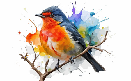 Watercolor illustration of a bird on a branch with colorful splashesのイラスト素材
