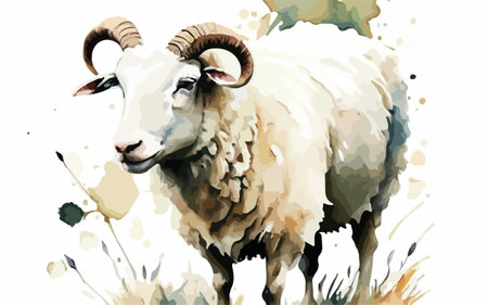 Sheep with horns on a meadow. Watercolor illustration.のイラスト素材