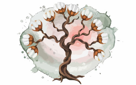 Illustration of a tree with a branch of cotton on a white backgroundのイラスト素材