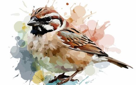 Sparrow on a background of watercolor splashes. Vector illustrationのイラスト素材