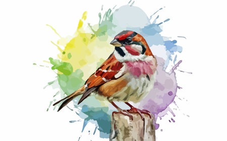 Watercolor illustration of a sparrow sitting on a wooden post.のイラスト素材