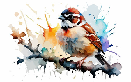 Sparrow on a branch in watercolor splashes. Vector illustration.のイラスト素材