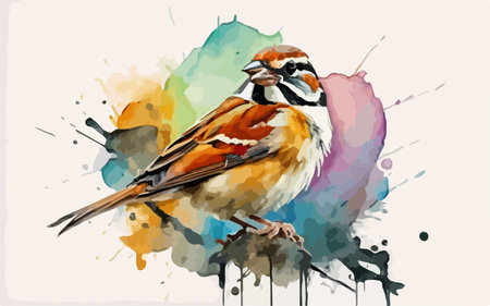 Sparrow on a background of watercolor splashes. Vector illustrationのイラスト素材