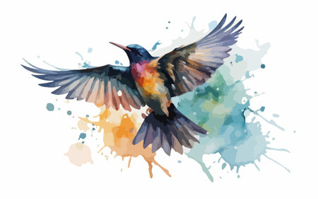 Illustration of a colibri bird flying on a watercolor backgroundのイラスト素材