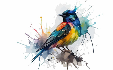 Colorful bird on watercolor splashes background. Vector illustration.のイラスト素材