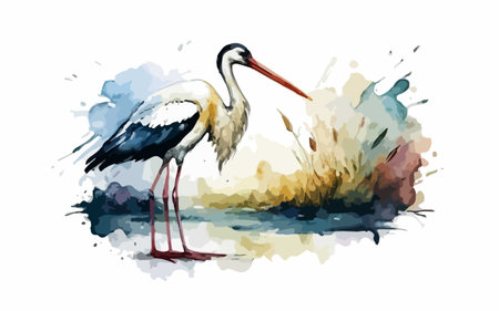 Watercolor stork on the lake. Hand drawn vector illustration.のイラスト素材