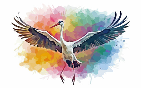 White stork flying on colorful watercolor splashes. Vector illustration.のイラスト素材