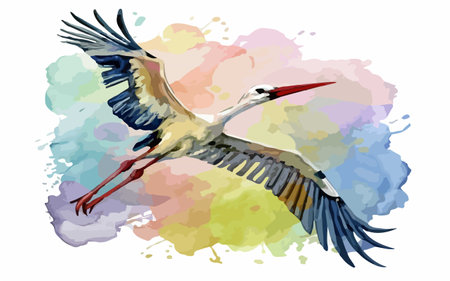 Flying stork on colorful watercolor background. Hand drawn vector illustration.のイラスト素材