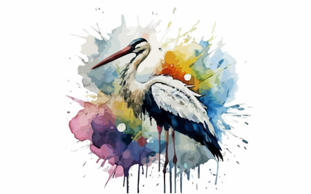 Watercolor stork on watercolor splash background. Vector illustration.のイラスト素材