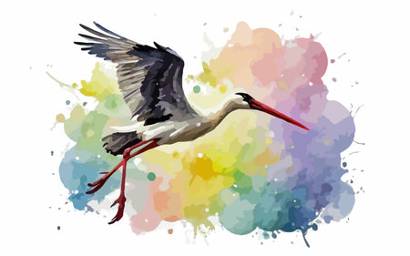 Watercolor stork on colorful watercolor background. Vector illustration.のイラスト素材